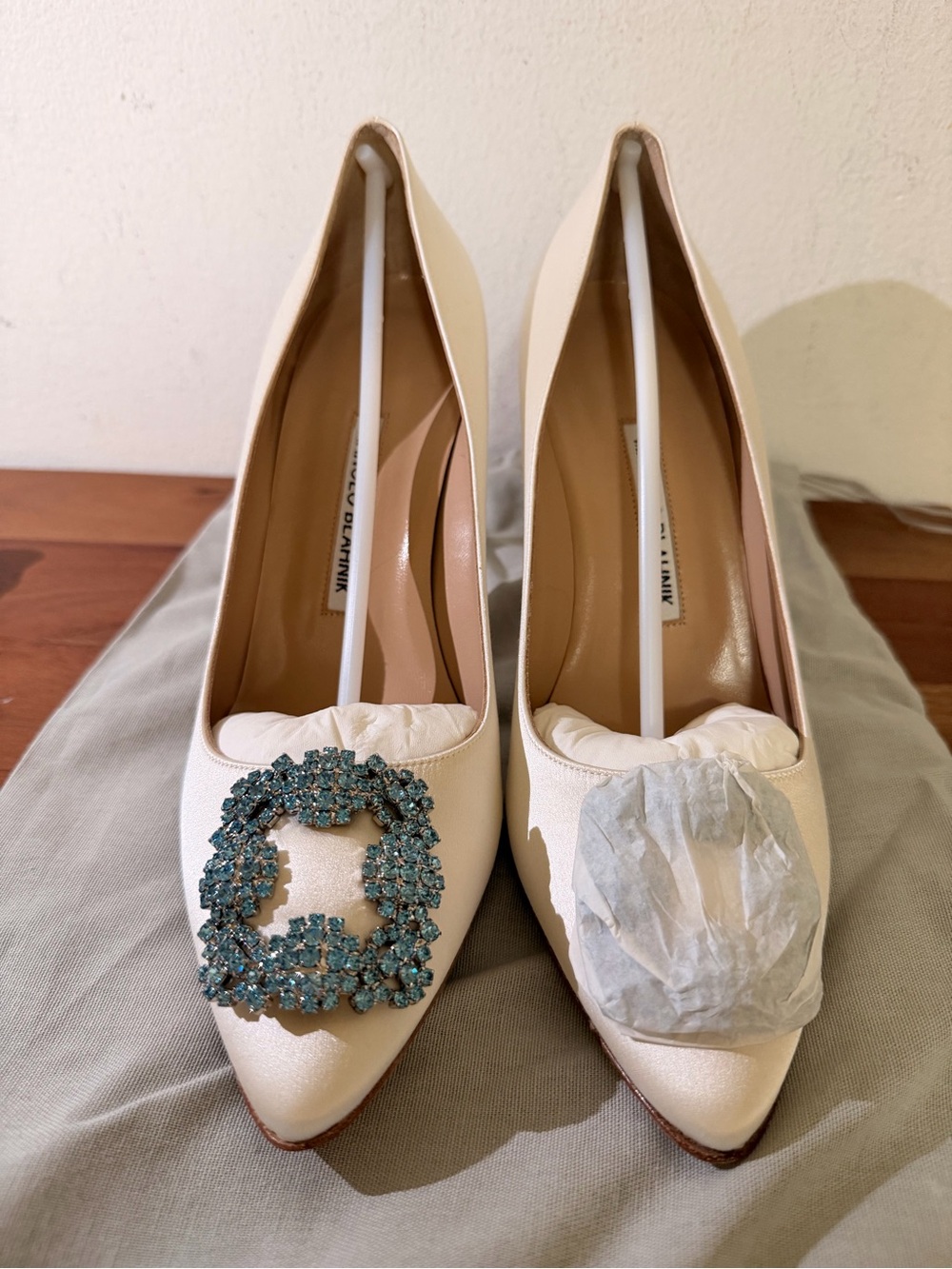 Manolo Blahnik Ivory Satin Pointed Pumps with Turquoise Crystal Brooch